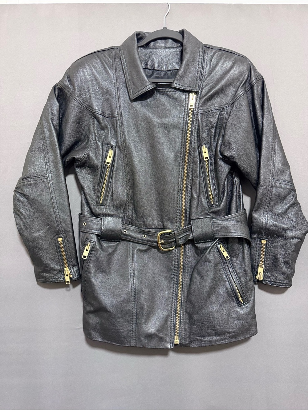 VTG The Leather Ranch Black Leather Moto Biker Trench Jacket Belted Brass Size M